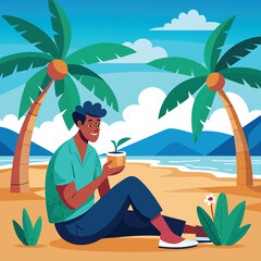 a man is enjoying the summer under the palm tree with a coconut