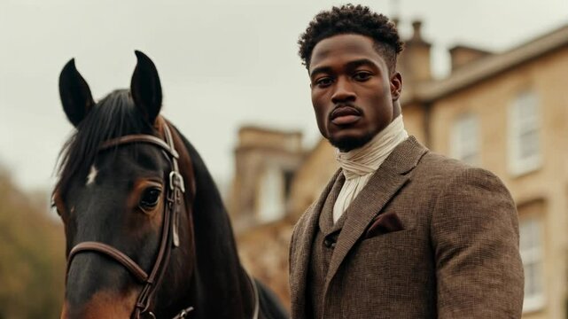 Equestrian in tweed jacket with dark horse. Luxury fashion and lifestyle concept