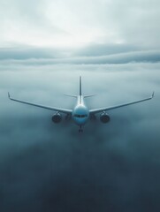 Obraz premium An airplane breaking through thick clouds, creating a dramatic aviation scene that captures the essence of high-altitude flight.