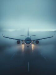 Stunning shot of an airplane emerging through dense fog during landing, with glowing lights creating a mystical flight atmosphere.