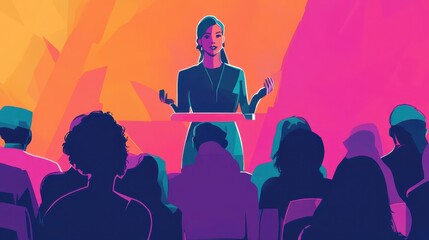 Woman Giving a Speech at a Business Conference, Surrounded by a Diverse Audience, Emphasizing Leadership and Gender Inclusion