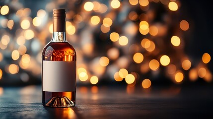 Whiskey bottle with blank label with soft-focus background and golden reflections