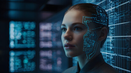 Obraz premium Woman with a futuristic digital overlay on her face, standing in a dark room with glowing screens in the background 