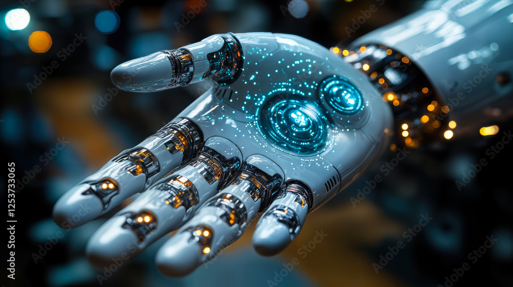 Poster futuristic robotic hand with digital interface symbolizing advanced recruitment technology and ai au