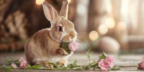 A rabbit is munching on colorful flowers, nestled among the grass, showcasing a serene moment in nature's beauty.