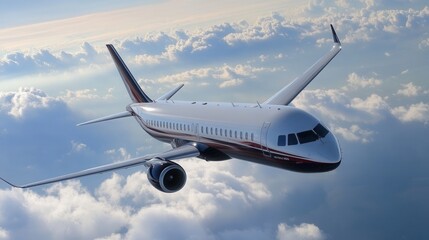 Obraz premium A modern passenger airplane flying above the clouds, gleaming in the sunlight, symbolizing aviation, travel, and technological advancements in air transportation.