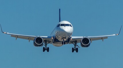 Obraz premium A front-facing view of a passenger airplane approaching for landing with extended landing gear and illuminated lights against a clear blue sky, symbolizing aviation, travel, and transportation.
