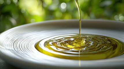 Olive oil pouring onto plate, healthy food, kitchen background, cooking ingredient