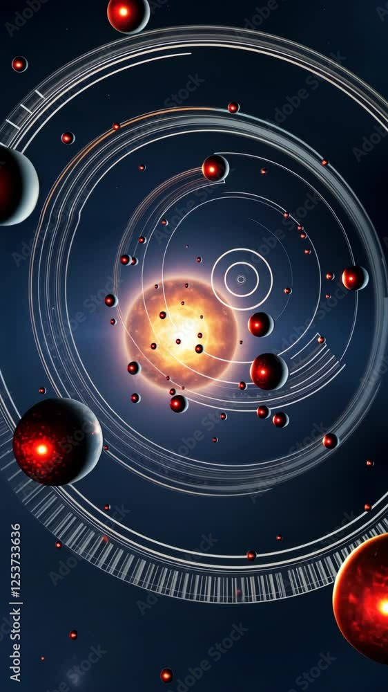 Poster A colorful image of a solar system with a red sun and planets. The planets are scattered throughout the image, with some closer to the center and others further away