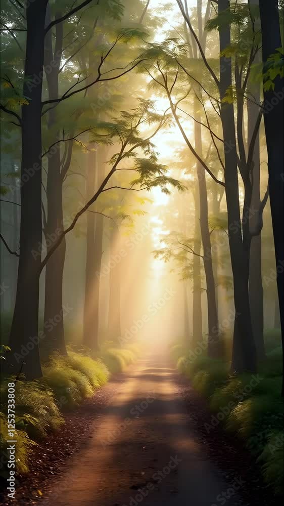 Aufkleber sunlight filters through a serene forest, casting golden rays on a tranquil path surrounded by lush 