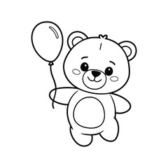 Cute Teddy Bear with Balloon - Black and White Vector Set
