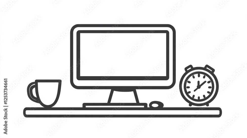 Poster simple workspace with computer, mug, and alarm clock