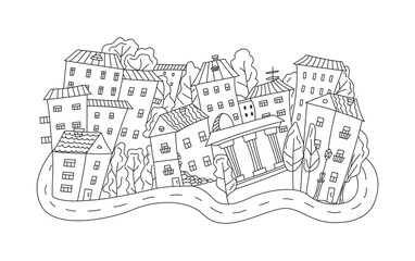 Obraz premium Houses, street, hand drawn old European city. Drawing, doodle. Outline, architecture, construction, black and white monochrome vector graphics, illustration on isolated background.