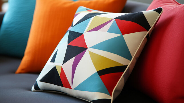 Bold geometric pillow in a contemporary home closeup, highlighting modern design with vibrant patterns and clear lines that create an artistic focal point.