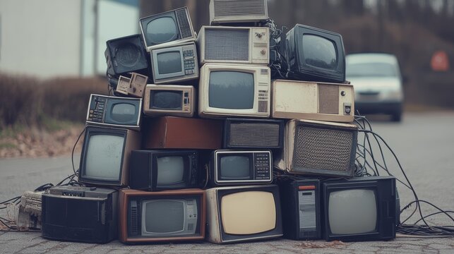 Vintage televisions stacked outdoors on pavement