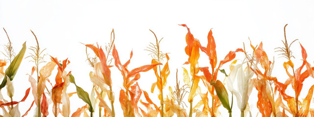 Abstract arrangement of dried orange and white leaves against a white background, creating a vibrant and artistic display.