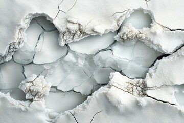 Cracked ice surface reveals fractured, icy landscape with salt formations, creating an abstract, wintery scene.
