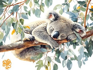 Obraz premium Sleepy Koala on a Eucalyptus Branch Surrounded by Green Leaves in a Peaceful Nature Setting