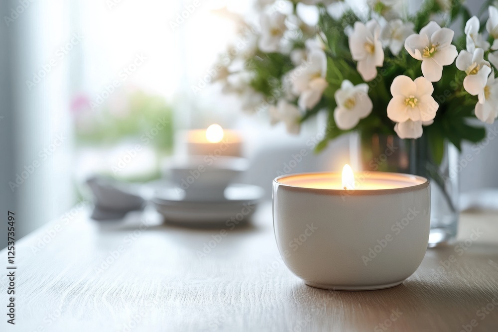 Poster Elegant festive dining setup with glowing candles and fresh flowers for a memorable celebration. Generative AI