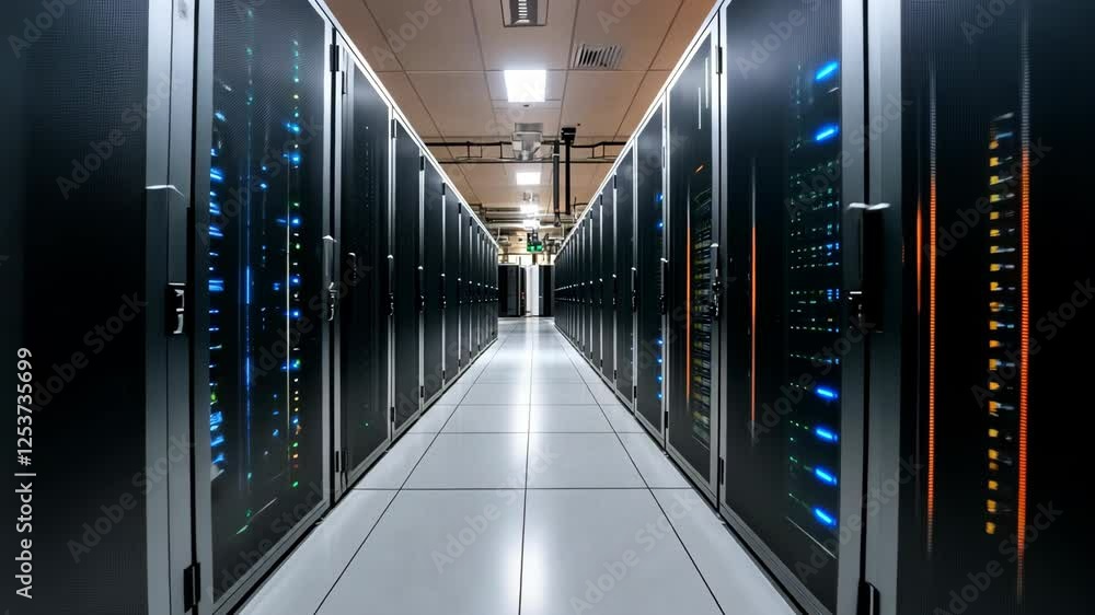 Poster illuminated server room with rows of equipment and high-tech infrastructure in a modern data center