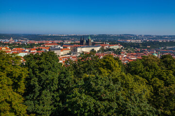 Fototapeta premium A panoramic cityscape view from a high vantage point, showcasing a sprawling city with red-roofed buildings, a large complex of structures, and a distant skyline under a clear blue sky.