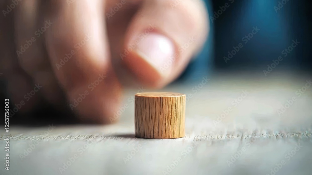 Poster wooden block placement, building a structure with precision on table person