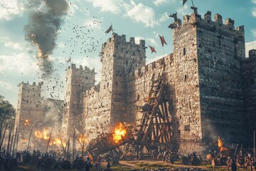 Siege tower approaching fortress during crusade battle.