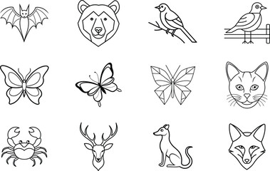 Line Art Animal Icons Bats, Bears, Birds, Butterflies, Cats