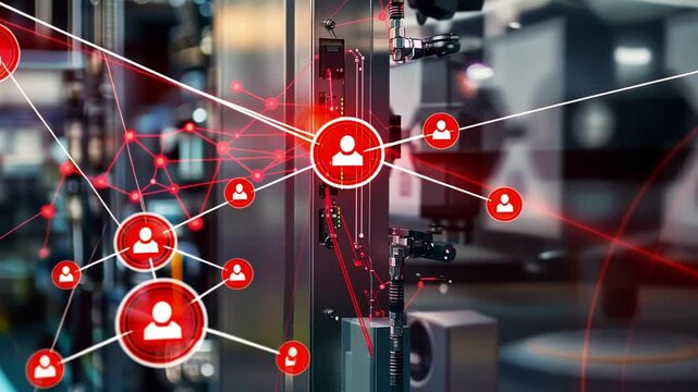 Red network connections are visualized between components of an industrial automation control panel, highlighting the complex interplay of signals and data flow in modern manufacturing processes