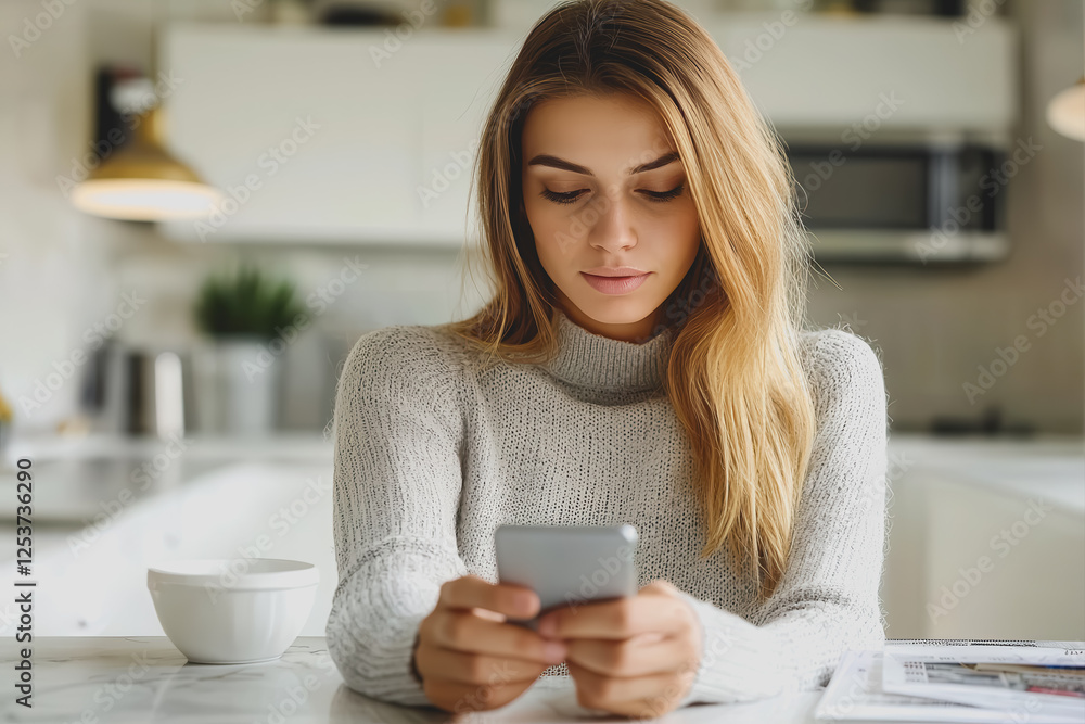 Poster woman sitting at a table using a smartphone while working on a project or communicating with friends