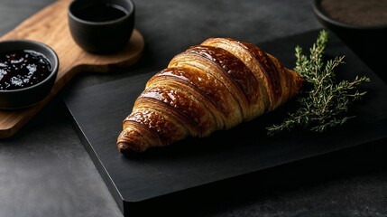 Freshly baked croissant with herbs and coffee on slate cutting board