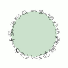 Round frame, border with a set of vegetables, fruits. World Food Day. Line drawing. Food vegetarian organic. Outline drawings. Isolated background.