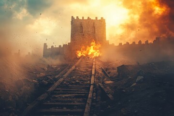 Fototapeta premium Siege tower approaching fortress during crusade battle.