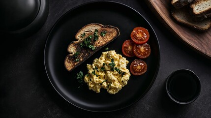 Gourmet breakfast plate with scrambled eggs, toast, and tomatoes