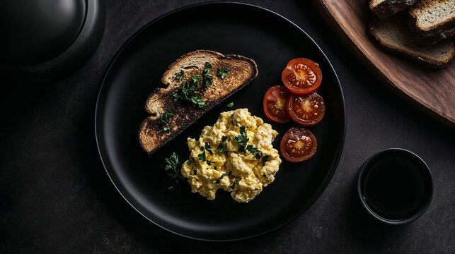 Gourmet breakfast plate with scrambled eggs, toast, and tomatoes - Powered by Adobe