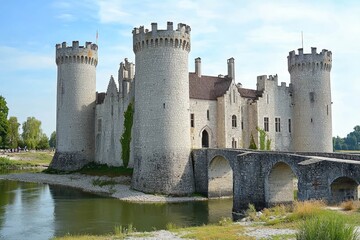 Stone medieval castle surrounded by a deep moat and drawbridge.