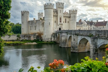 Obraz premium Stone medieval castle surrounded by a deep moat and drawbridge.