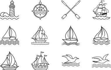Nautical Icons Lighthouse, Ships, Compass, Oars, and Seagulls