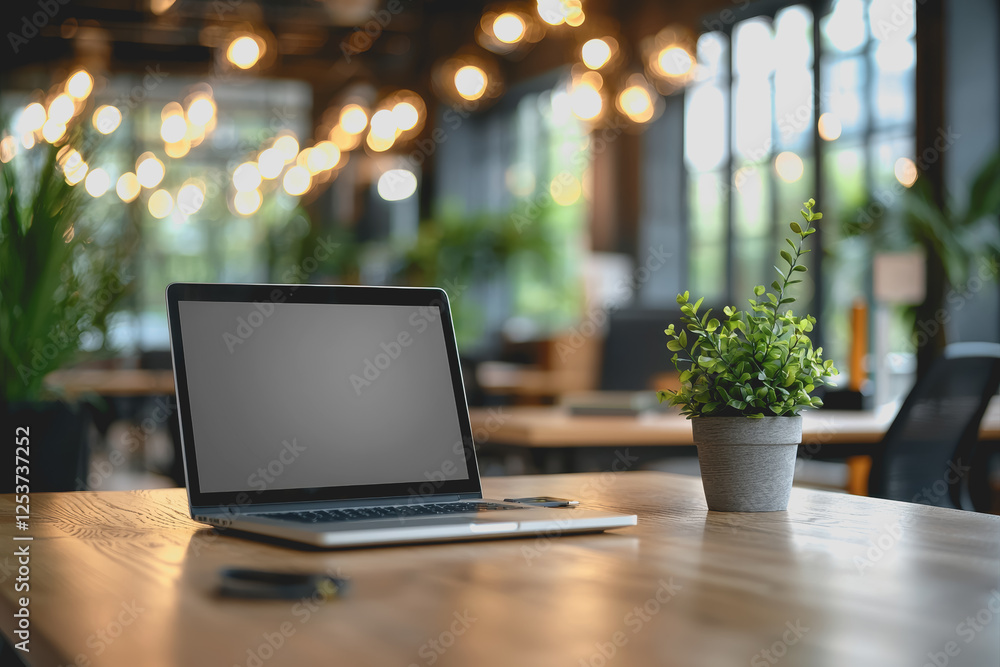 Aufkleber laptop computer placed on a wooden table in a modern workspace setting with natural lighting