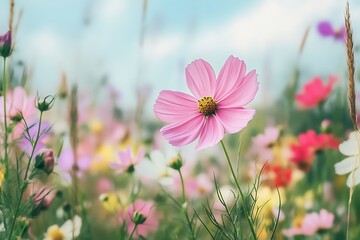 A pink cosmos flower with its delicate, daisy-like petals and feathery foliage, standing out against a summer field of flowers background filled with a mix of colorful blooms, tall grasses, and a clea
