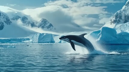 Fototapeta premium A killer whale breaching near an ice shelf, water spraying into the cold air