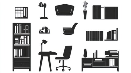 Office Interior Silhouettes - Various Furniture Items -  Modern Design - Background Use