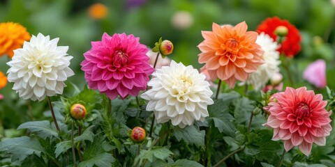 Colorful Dahlia Flowers in Bloom Surrounded by Green Foliage