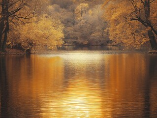 Fototapeta premium Tranquil Autumn Landscape with Golden Trees Reflecting on Calm Water in Serene Natural Setting