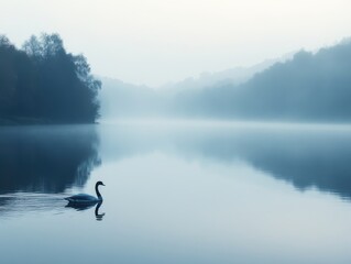 Tranquil Morning by Serene Lake with Misty Forest Background and Graceful Swan Swimming in Peaceful Water Reflection