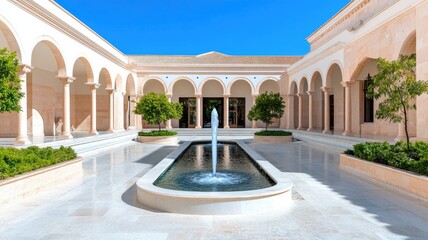 Obraz premium Architectural courtyard with arches, fountain, and trees under clear sky