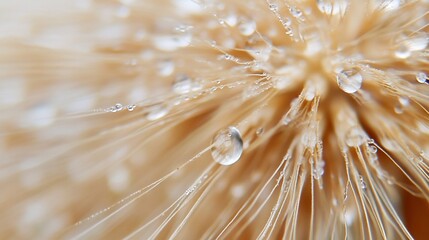 Dewdrops on dandelion seed head, close-up, nature background, botanical image