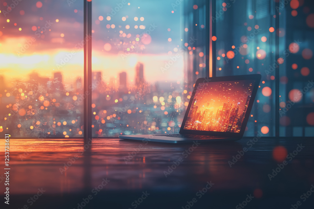 Poster laptop computer placed on a table with natural light coming through a window in a modern workspace