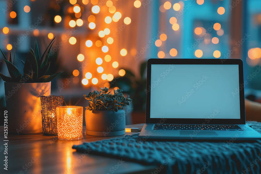 Poster laptop computer on a desk with a decorative plant in front of it for a workspace setting