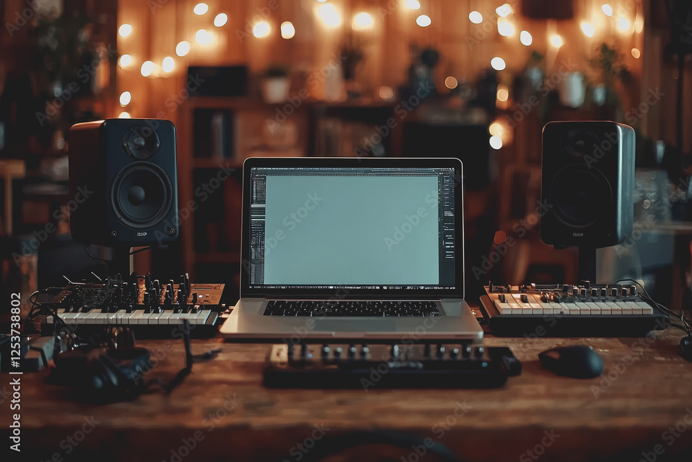 Poster laptop computer placed on a wooden desk with natural lighting and minimalistic workspace setup